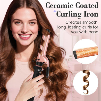 Ufree 3 in 1 Curling Iron Set - Curling Wand with Thermal Brush & Flat Iron, Dual Voltage, Ceramic Hair Curler for Women (Rose Gold) Avelisse