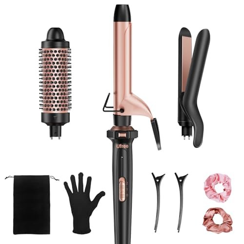 Ufree 3 in 1 Curling Iron Set - Curling Wand with Thermal Brush & Flat Iron, Dual Voltage, Ceramic Hair Curler for Women (Rose Gold) Avelisse