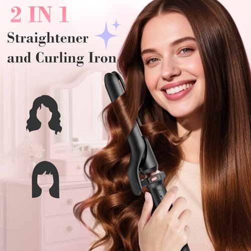 Ufree 3 in 1 Curling Iron Set - Curling Wand with Thermal Brush & Flat Iron, Dual Voltage, Ceramic Hair Curler for Women (Rose Gold) Avelisse