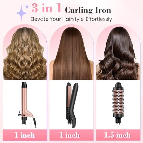 Ufree 3 in 1 Curling Iron Set - Curling Wand with Thermal Brush & Flat Iron, Dual Voltage, Ceramic Hair Curler for Women (Rose Gold) Avelisse