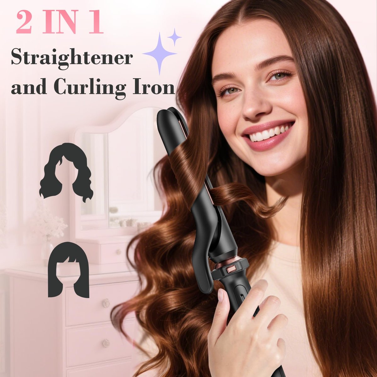 Ufree 3 in 1 Curling Iron Set - Curling Wand with Thermal Brush & Flat Iron, Dual Voltage, Ceramic Hair Curler for Women (Rose Gold) Avelisse