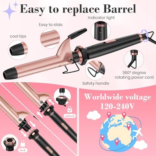 Ufree 3 in 1 Curling Iron Set - Curling Wand with Thermal Brush & Flat Iron, Dual Voltage, Ceramic Hair Curler for Women (Rose Gold) Avelisse