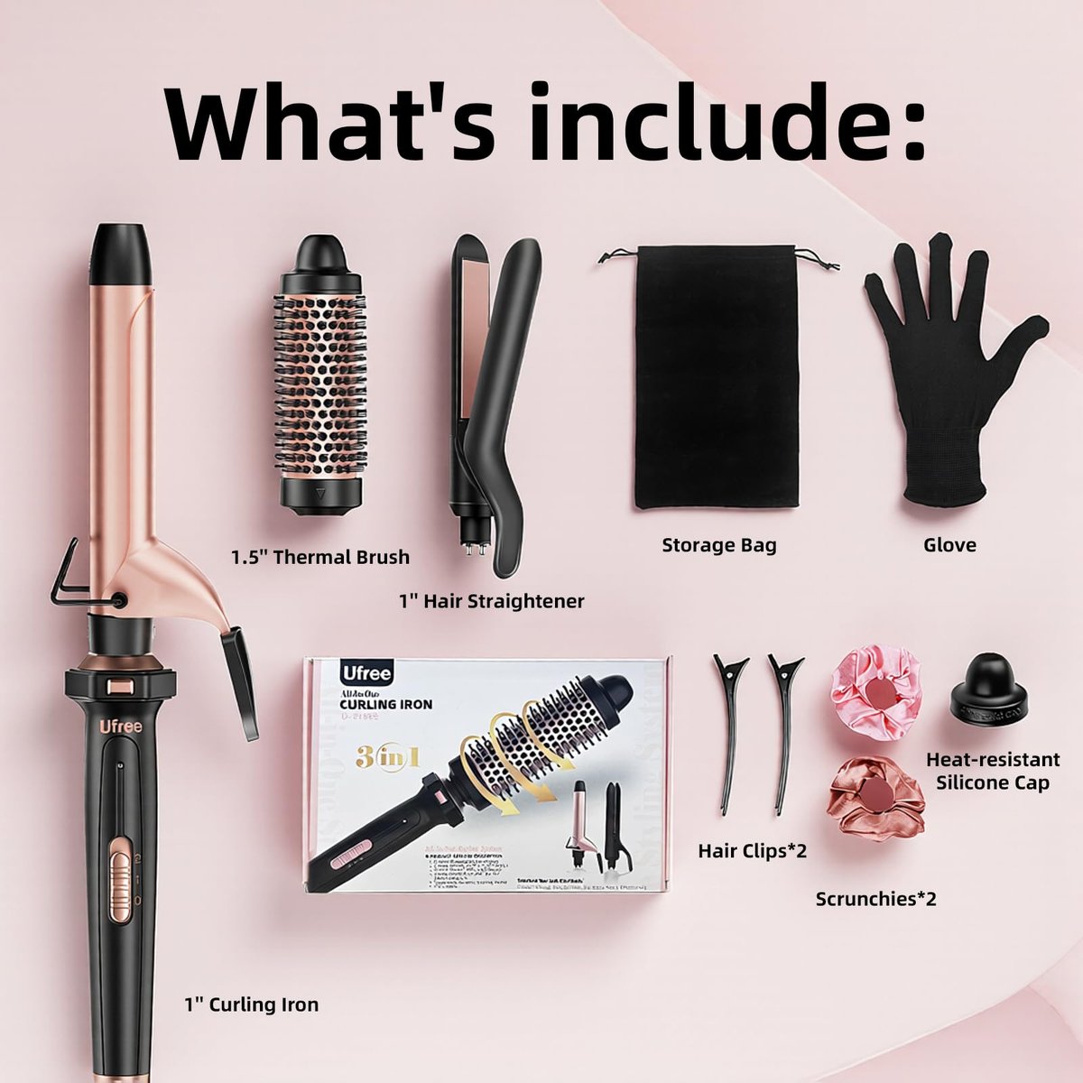 Ufree 3 in 1 Curling Iron Set - Curling Wand with Thermal Brush & Flat Iron, Dual Voltage, Ceramic Hair Curler for Women (Rose Gold) Avelisse