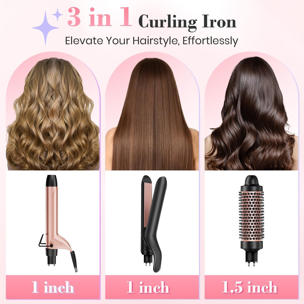 Ufree 3 in 1 Curling Iron Set - Curling Wand with Thermal Brush & Flat Iron, Dual Voltage, Ceramic Hair Curler for Women (Rose Gold) Avelisse