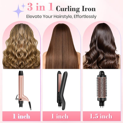 Ufree 3 in 1 Curling Iron Set - Curling Wand with Thermal Brush & Flat Iron, Dual Voltage, Ceramic Hair Curler for Women (Rose Gold) Avelisse