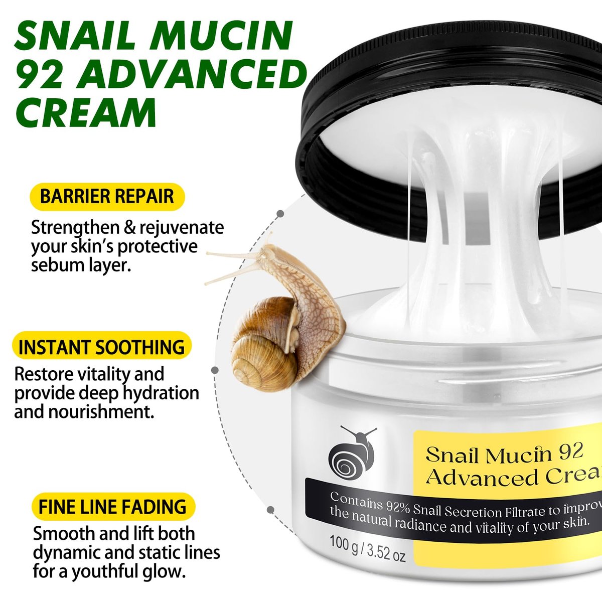 Snail Mucin 92% Repair Serum Cream - Hydrating Face Moisturizer for Dry & Sensitive Skin, Anti-Aging Firming & Wrinkle Reduction, Daily Repair Cream for All Skin Types (3.52 oz) - görsel 7