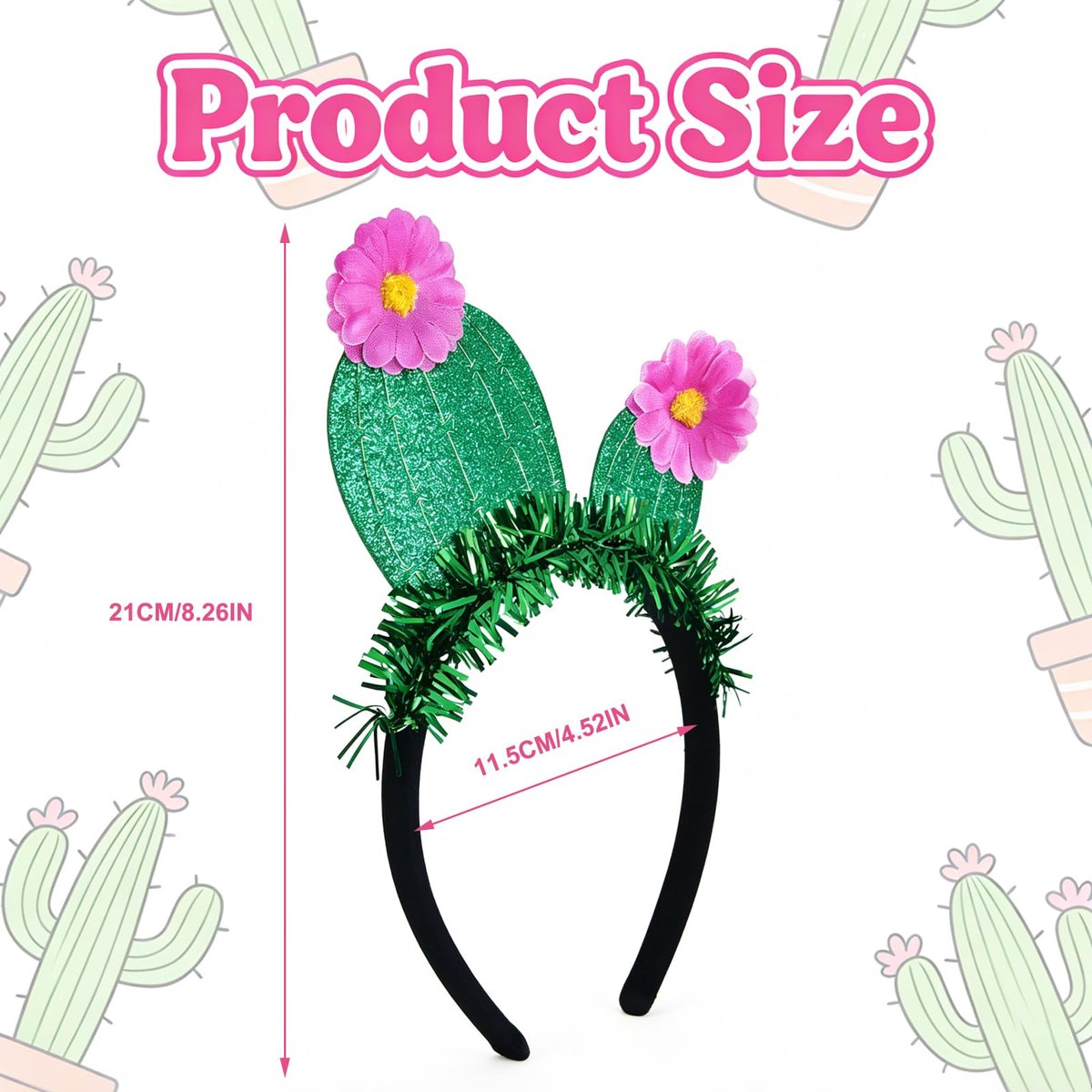 YUEELI Funny Cactus Headband with Pink Flowers - Green Glitter Hawaiian Headpiece for Beach Summer Tropical Party Costume Cosplay Hair Accessories - görsel 3