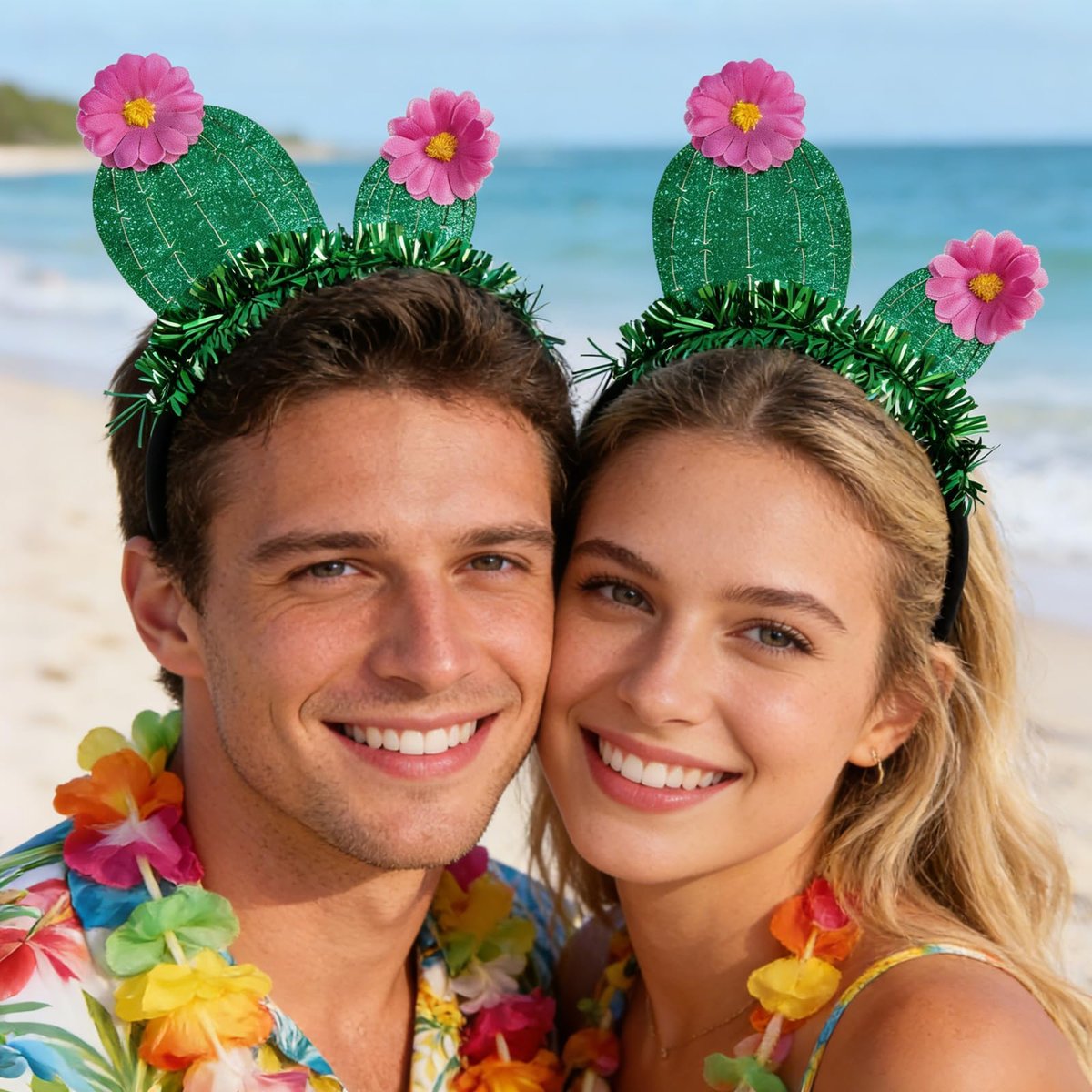 YUEELI Funny Cactus Headband with Pink Flowers - Green Glitter Hawaiian Headpiece for Beach Summer Tropical Party Costume Cosplay Hair Accessories - görsel 9