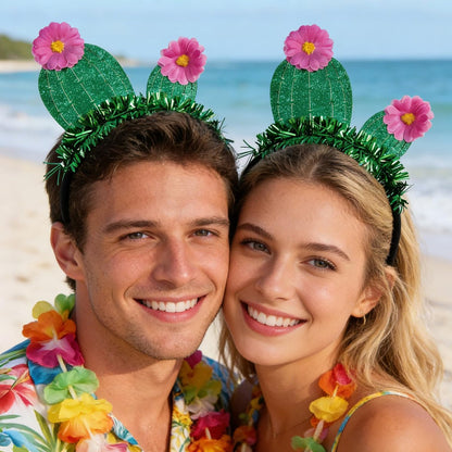 YUEELI Funny Cactus Headband with Pink Flowers - Green Glitter Hawaiian Headpiece for Beach Summer Tropical Party Costume Cosplay Hair Accessories