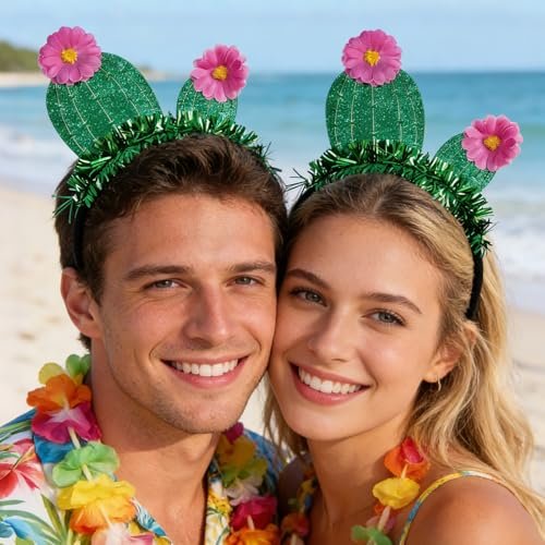 YUEELI Funny Cactus Headband with Pink Flowers - Green Glitter Hawaiian Headpiece for Beach Summer Tropical Party Costume Cosplay Hair Accessories - görsel 10