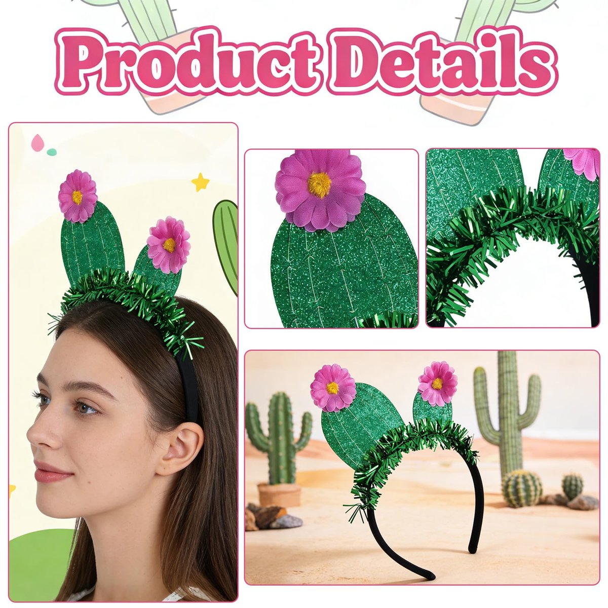 YUEELI Funny Cactus Headband with Pink Flowers - Green Glitter Hawaiian Headpiece for Beach Summer Tropical Party Costume Cosplay Hair Accessories - görsel 5