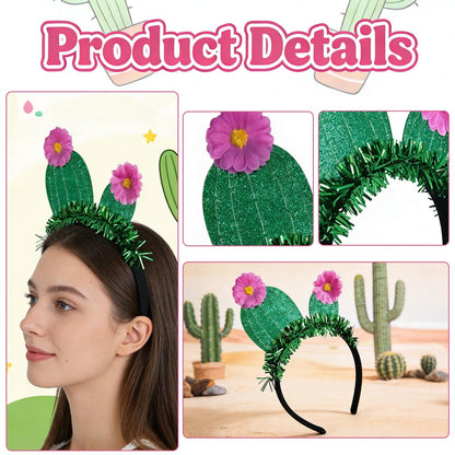 YUEELI Funny Cactus Headband with Pink Flowers - Green Glitter Hawaiian Headpiece for Beach Summer Tropical Party Costume Cosplay Hair Accessories