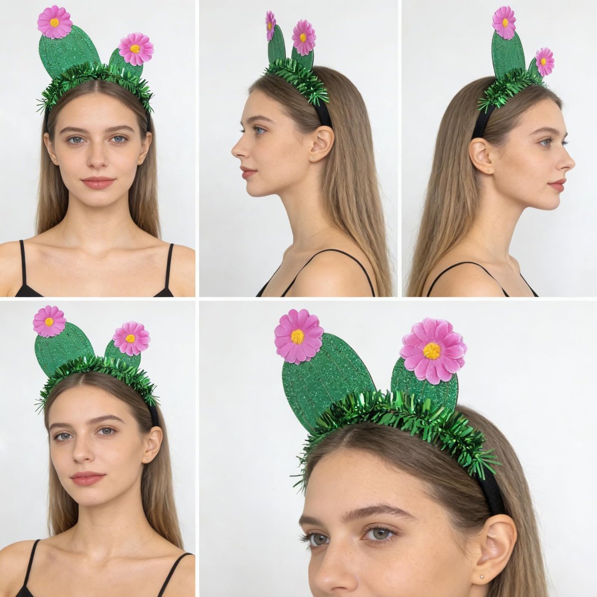 YUEELI Funny Cactus Headband with Pink Flowers - Green Glitter Hawaiian Headpiece for Beach Summer Tropical Party Costume Cosplay Hair Accessories - görsel 11