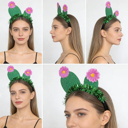 YUEELI Funny Cactus Headband with Pink Flowers - Green Glitter Hawaiian Headpiece for Beach Summer Tropical Party Costume Cosplay Hair Accessories