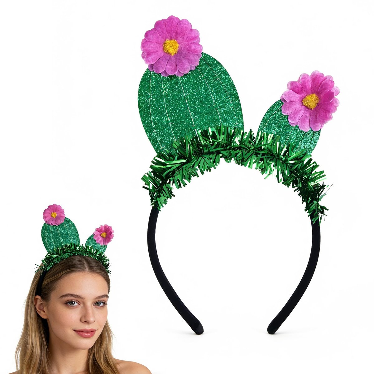 YUEELI Funny Cactus Headband with Pink Flowers - Green Glitter Hawaiian Headpiece for Beach Summer Tropical Party Costume Cosplay Hair Accessories - görsel 1