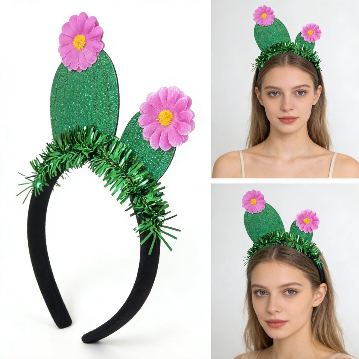 YUEELI Funny Cactus Headband with Pink Flowers - Green Glitter Hawaiian Headpiece for Beach Summer Tropical Party Costume Cosplay Hair Accessories - görsel 7