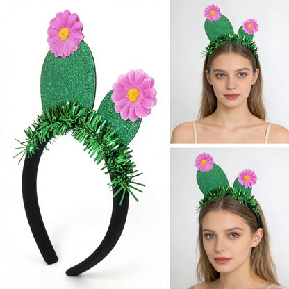 YUEELI Funny Cactus Headband with Pink Flowers - Green Glitter Hawaiian Headpiece for Beach Summer Tropical Party Costume Cosplay Hair Accessories