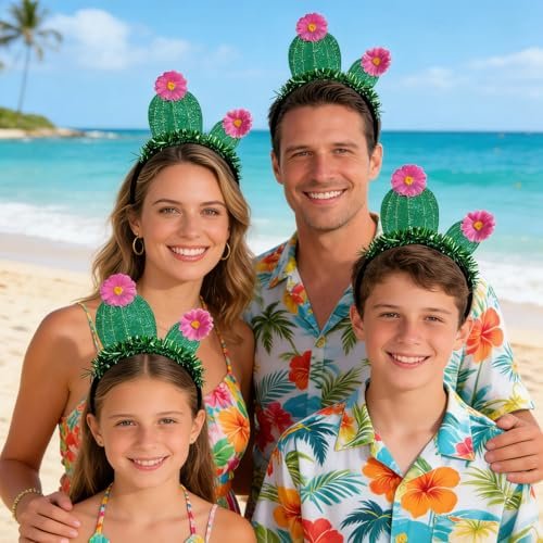 YUEELI Funny Cactus Headband with Pink Flowers - Green Glitter Hawaiian Headpiece for Beach Summer Tropical Party Costume Cosplay Hair Accessories - görsel 14