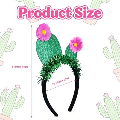 YUEELI Funny Cactus Headband with Pink Flowers - Green Glitter Hawaiian Headpiece for Beach Summer Tropical Party Costume Cosplay Hair Accessories - görsel 4