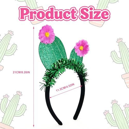 YUEELI Funny Cactus Headband with Pink Flowers - Green Glitter Hawaiian Headpiece for Beach Summer Tropical Party Costume Cosplay Hair Accessories