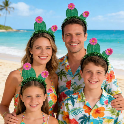 YUEELI Funny Cactus Headband with Pink Flowers - Green Glitter Hawaiian Headpiece for Beach Summer Tropical Party Costume Cosplay Hair Accessories