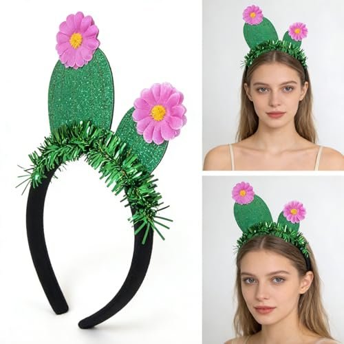 YUEELI Funny Cactus Headband with Pink Flowers - Green Glitter Hawaiian Headpiece for Beach Summer Tropical Party Costume Cosplay Hair Accessories - görsel 8