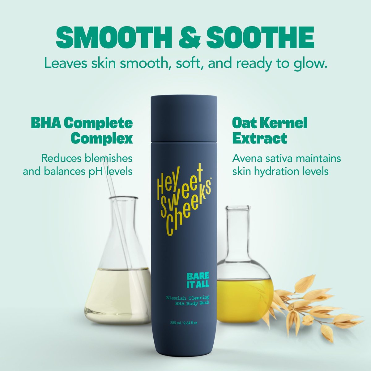 Hey Sweet Cheeks Bare It All BHA Salicylic Acid Body Wash with Oat Milk - Blemish Body Wash for Back & Body, 9.64 oz Avelisse