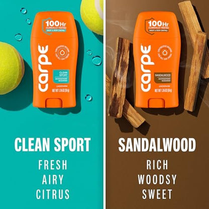 Carpe Deodorant Antiperspirant Men's Variety Pack – 100 Hour Sweat & Odor Control – Clinical Strength for Excessive Sweating – Sandalwood & Clean Sport, 2 Pack Avelisse