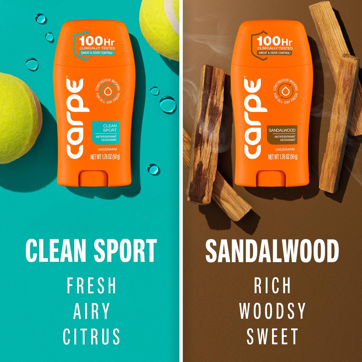 Carpe Deodorant Antiperspirant Men's Variety Pack – 100 Hour Sweat & Odor Control – Clinical Strength for Excessive Sweating – Sandalwood & Clean Sport, 2 Pack Avelisse