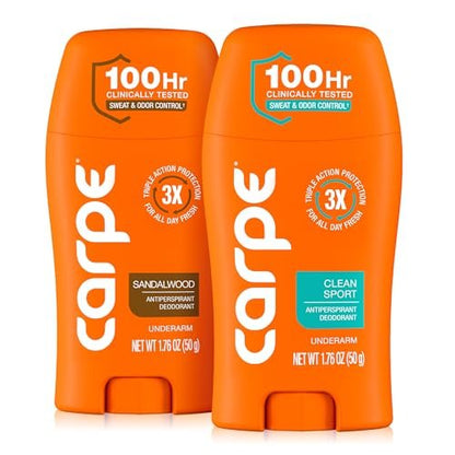 Carpe Deodorant Antiperspirant Men's Variety Pack – 100 Hour Sweat & Odor Control – Clinical Strength for Excessive Sweating – Sandalwood & Clean Sport, 2 Pack Avelisse
