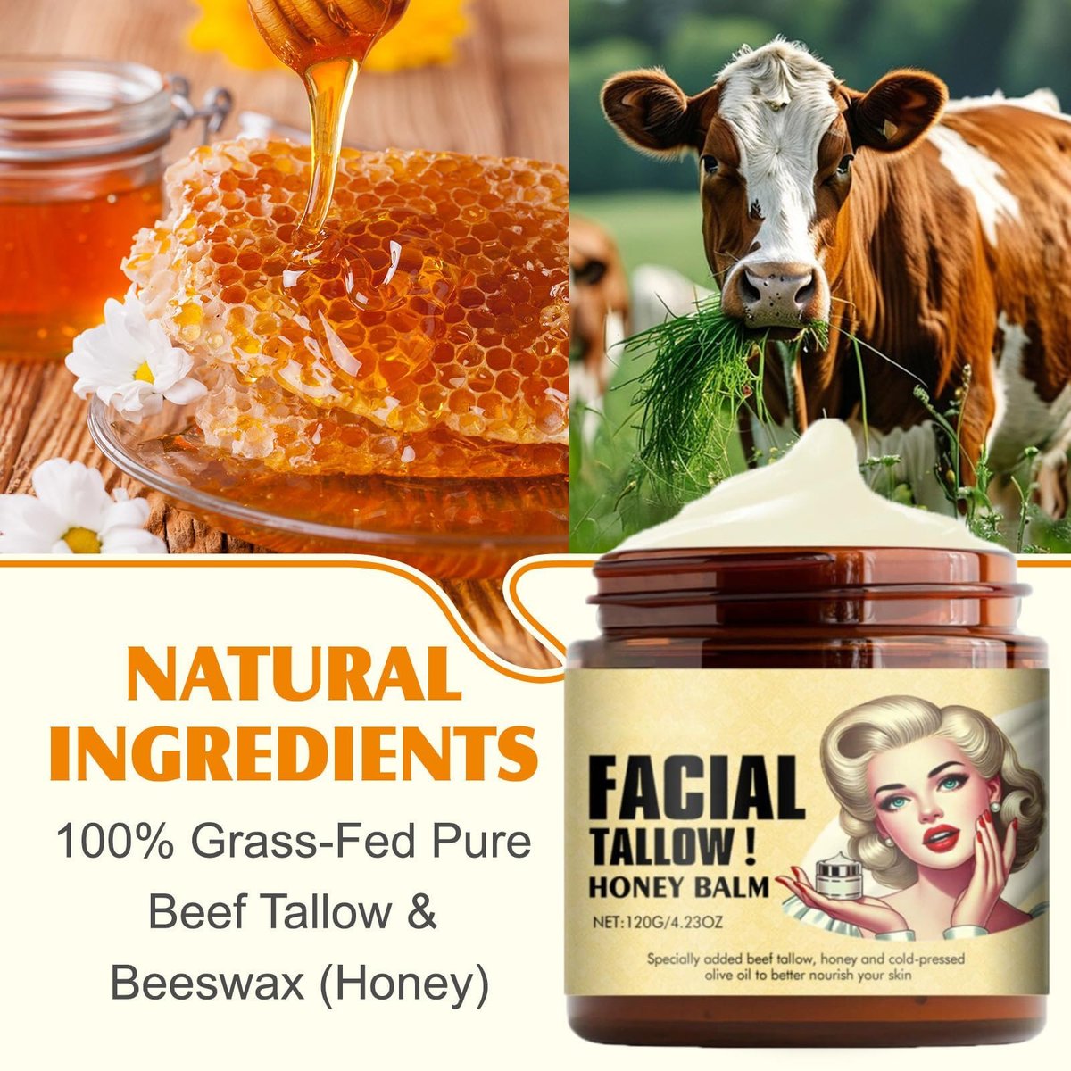 Original Grass-Fed Beef Tallow Face Balm - Natural Moisturizer for Supple Skin, 4.23 oz Avelisse
