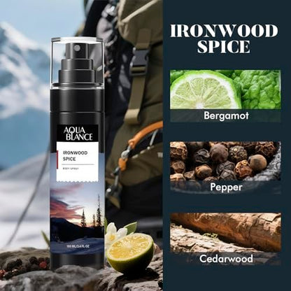 AQUA BLANCE Body Spray for Men – 3-Pack Long-Lasting Refreshing Spray (Ironwood Spice, Sailor's Essence, Leather Citrus) 3.4 Fl Oz Each Avelisse