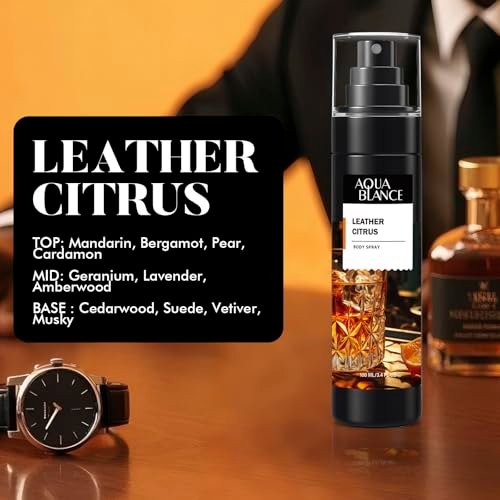 AQUA BLANCE Body Spray for Men – 3-Pack Long-Lasting Refreshing Spray (Ironwood Spice, Sailor's Essence, Leather Citrus) 3.4 Fl Oz Each Avelisse