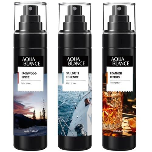 AQUA BLANCE Body Spray for Men – 3-Pack Long-Lasting Refreshing Spray (Ironwood Spice, Sailor's Essence, Leather Citrus) 3.4 Fl Oz Each Avelisse