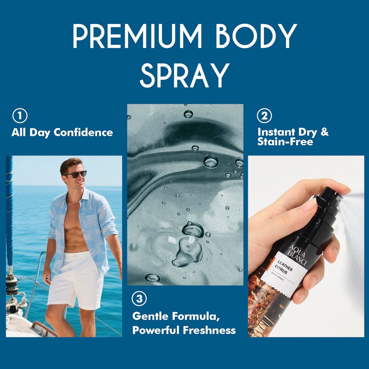 AQUA BLANCE Body Spray for Men – 3-Pack Long-Lasting Refreshing Spray (Ironwood Spice, Sailor's Essence, Leather Citrus) 3.4 Fl Oz Each Avelisse