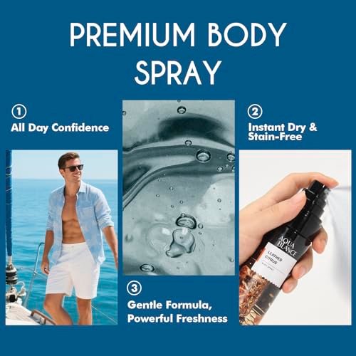 AQUA BLANCE Body Spray for Men – 3-Pack Long-Lasting Refreshing Spray (Ironwood Spice, Sailor's Essence, Leather Citrus) 3.4 Fl Oz Each Avelisse