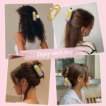 TEBIEKOY 4-Pack Funny Pencil Hair Claw Clips for Women – Cute Back to School Hair Accessories for Teachers & Students (Yellow, Style1)