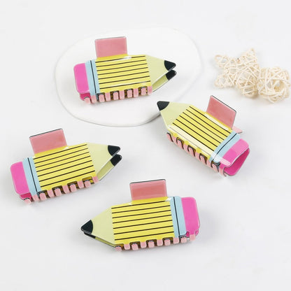 TEBIEKOY 4-Pack Funny Pencil Hair Claw Clips for Women – Cute Back to School Hair Accessories for Teachers & Students (Yellow, Style1)