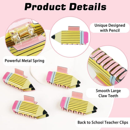 TEBIEKOY 4-Pack Funny Pencil Hair Claw Clips for Women – Cute Back to School Hair Accessories for Teachers & Students (Yellow, Style1)