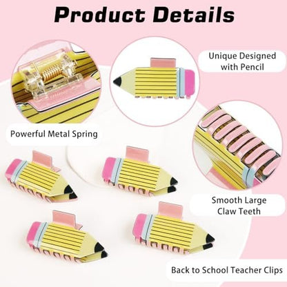 TEBIEKOY 4-Pack Funny Pencil Hair Claw Clips for Women – Cute Back to School Hair Accessories for Teachers & Students (Yellow, Style1)