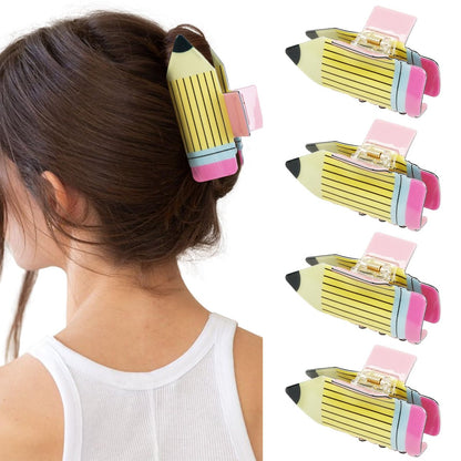 TEBIEKOY 4-Pack Funny Pencil Hair Claw Clips for Women – Cute Back to School Hair Accessories for Teachers & Students (Yellow, Style1)