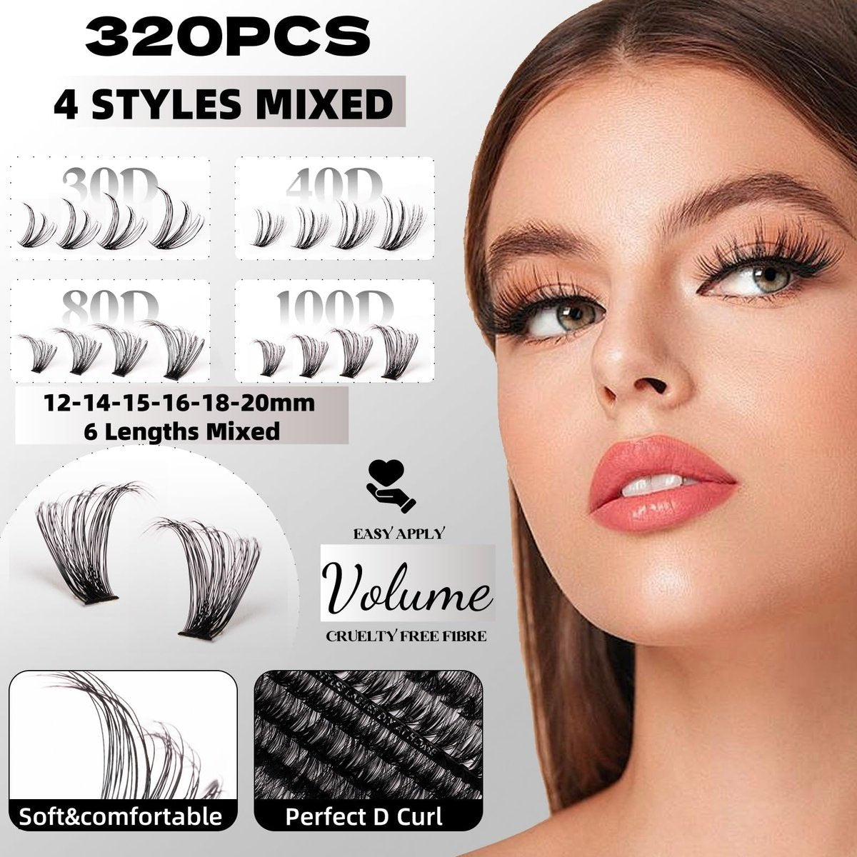320 Pcs Lash Clusters Extension Kit - 30D 40D 80D 100D Individual Lashes 12-20mm with Bond, Seal, Remover & Tweezers - DIY Eyelash Extensions for Beginners & Pros - görsel 3