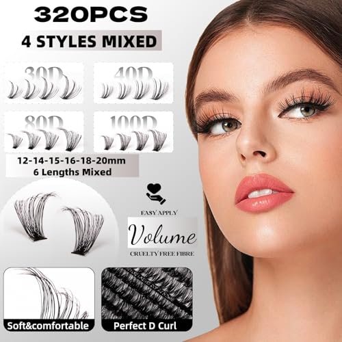 320 Pcs Lash Clusters Extension Kit - 30D 40D 80D 100D Individual Lashes 12-20mm with Bond, Seal, Remover & Tweezers - DIY Eyelash Extensions for Beginners & Pros - görsel 4