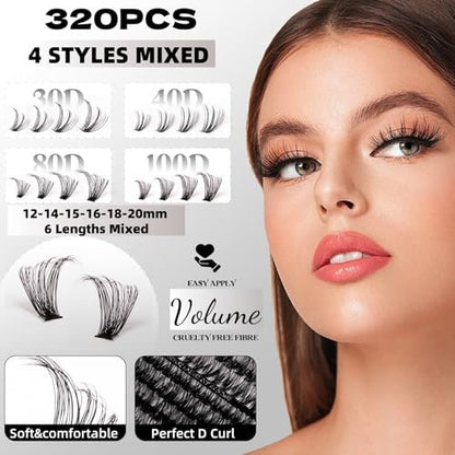 320 Pcs Lash Clusters Extension Kit - 30D 40D 80D 100D Individual Lashes 12-20mm with Bond, Seal, Remover & Tweezers - DIY Eyelash Extensions for Beginners & Pros