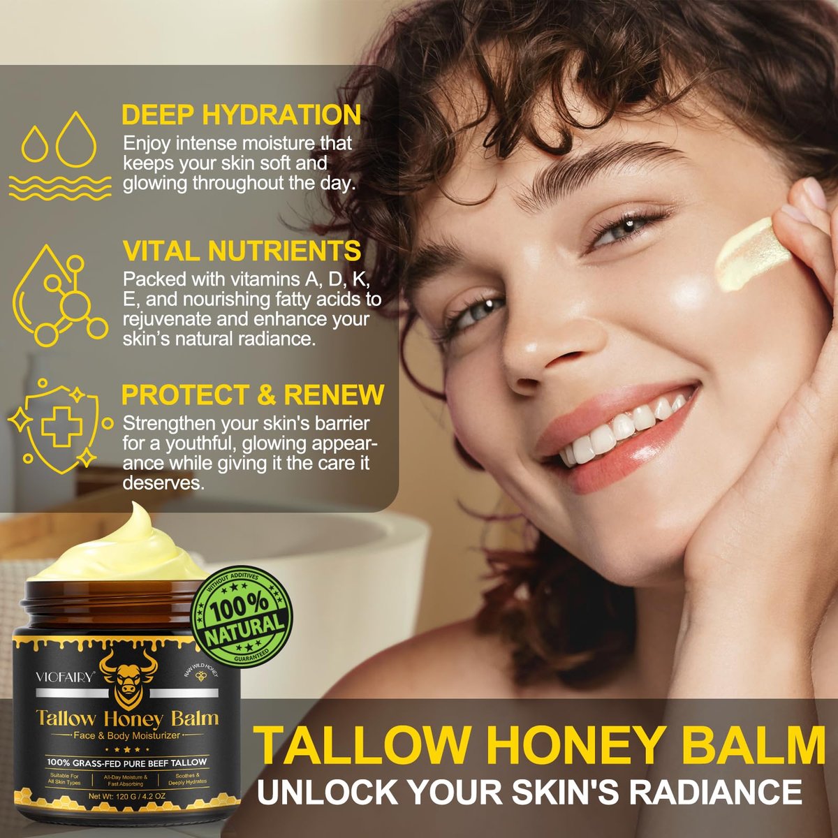 KZUO Beef Tallow for Skin - Hydrating Tallow Balm with Raw Honey and Beeswax, Grass-Fed Beef Tallow & Raw Wild Honey Blend, Body & Face Moisturizer, Natural Formula, 4.2 Fl Oz Avelisse