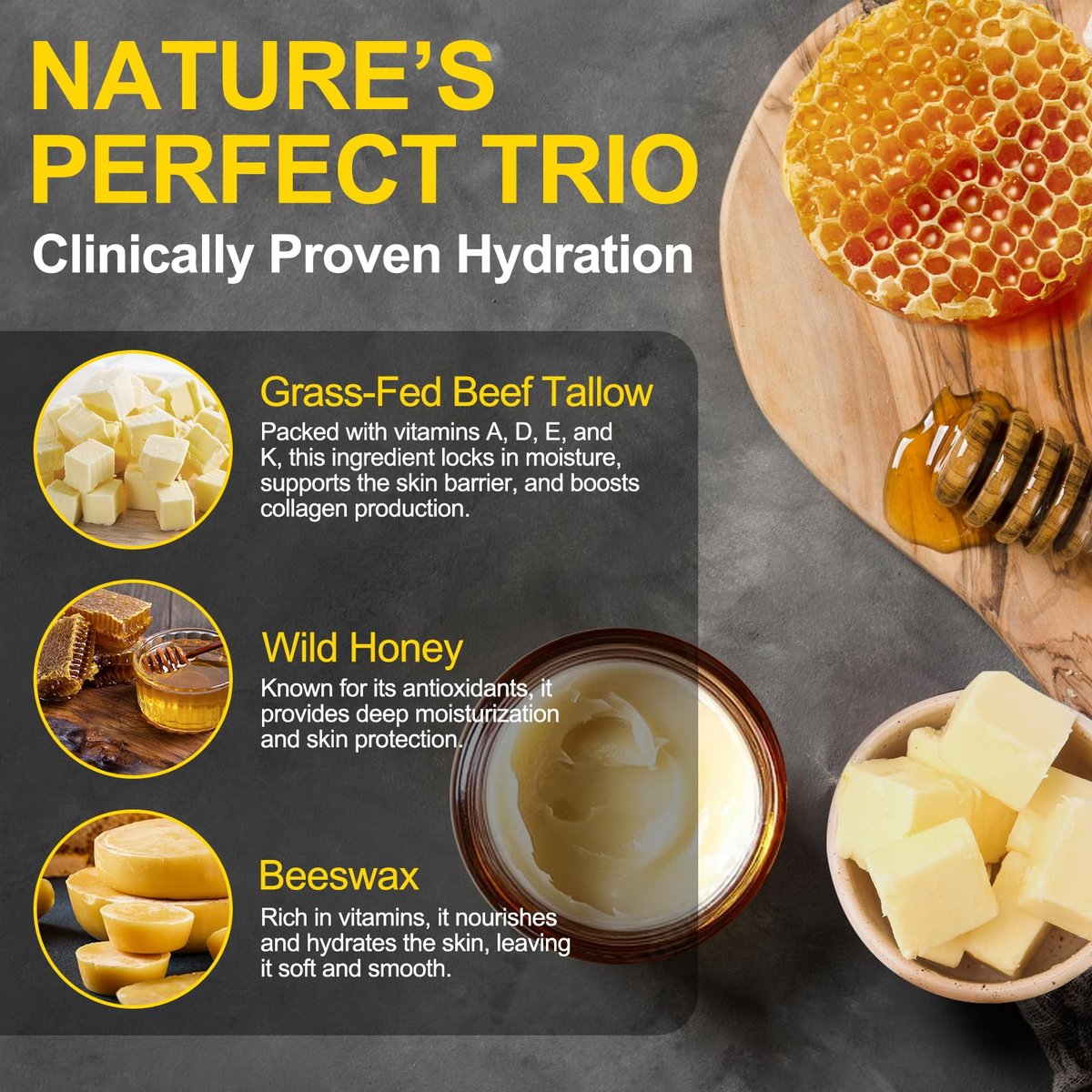 KZUO Beef Tallow for Skin - Hydrating Tallow Balm with Raw Honey and Beeswax, Grass-Fed Beef Tallow & Raw Wild Honey Blend, Body & Face Moisturizer, Natural Formula, 4.2 Fl Oz Avelisse