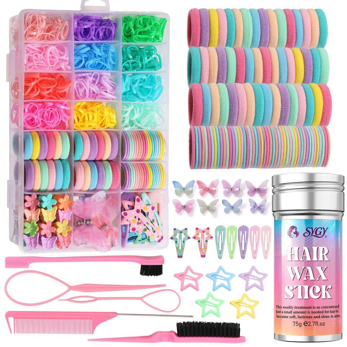 1400-Piece Hair Accessories Set for Girls – Colorful Hair Ties, Butterfly Clips, Claws, Wax Stick & Organizer Box Avelisse