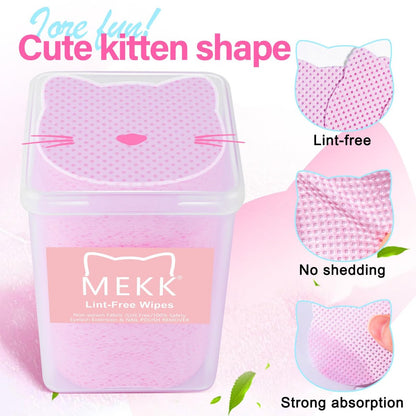 MEKK Lint Free Nail Wipes with Acetone Dispenser Set - 400 Cat-Shaped Wipes & 200ml Anti-Corrosion Pump Dispenser for Acetone, Alcohol, Nail Polish Remover