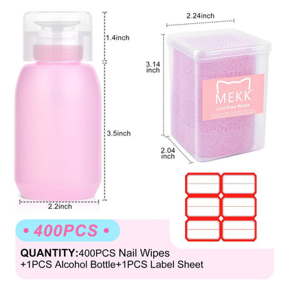 MEKK Lint Free Nail Wipes with Acetone Dispenser Set - 400 Cat-Shaped Wipes & 200ml Anti-Corrosion Pump Dispenser for Acetone, Alcohol, Nail Polish Remover