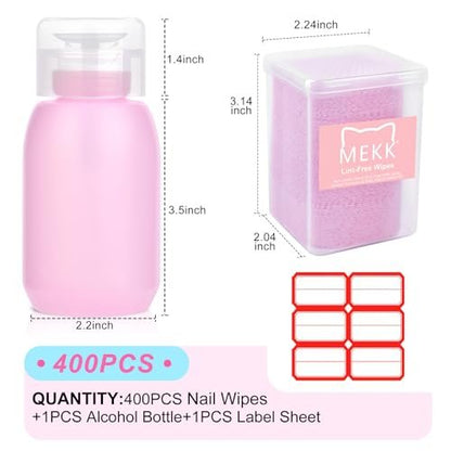MEKK Lint Free Nail Wipes with Acetone Dispenser Set - 400 Cat-Shaped Wipes & 200ml Anti-Corrosion Pump Dispenser for Acetone, Alcohol, Nail Polish Remover